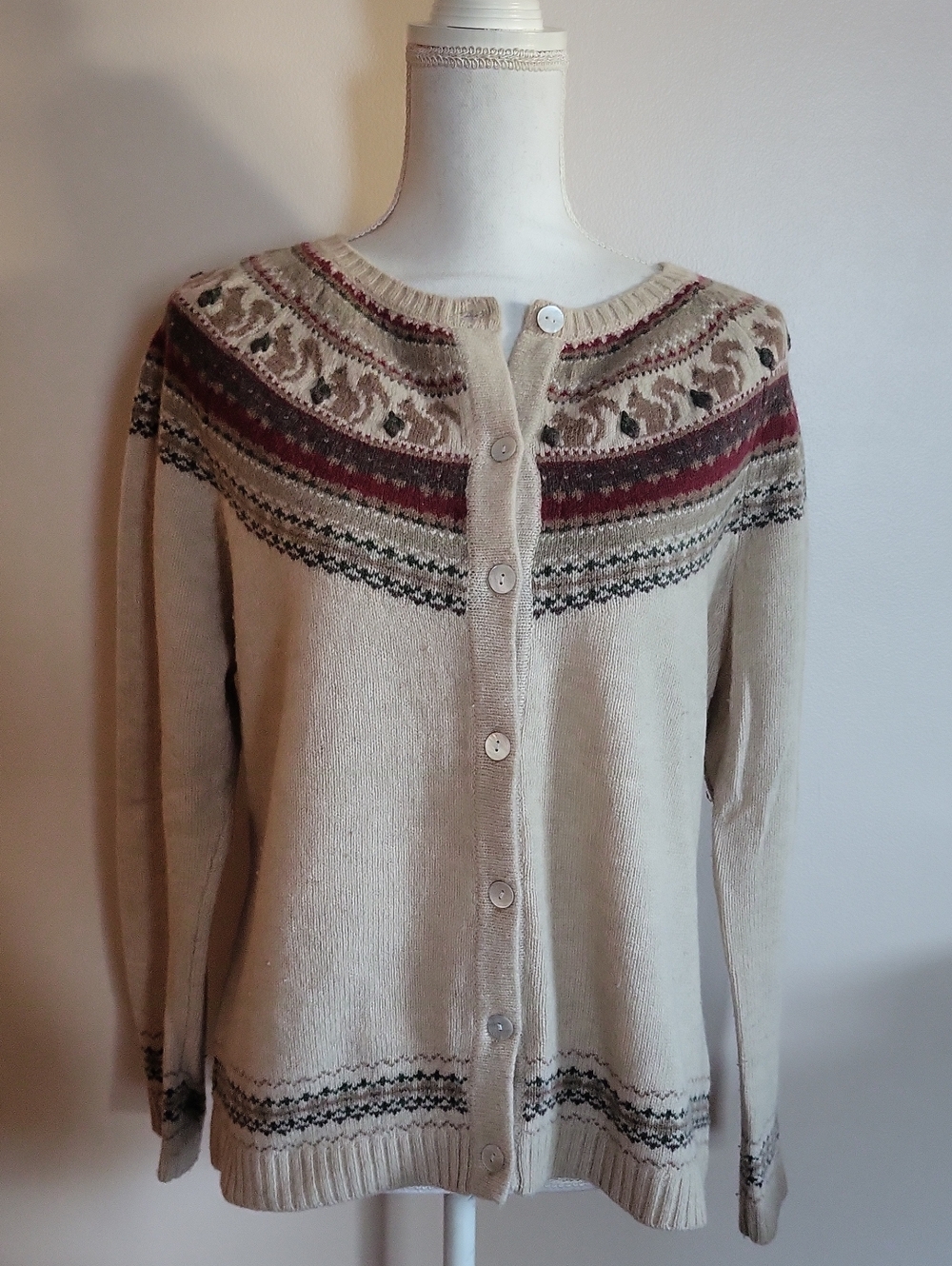 Appleseed's Wool Blend Fair Isle Squirrel Cardigan Tan Size Large